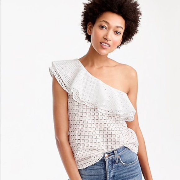 J. Crew Tops J Crew White Oneshoulder Ruffle Eyelet Top 8 Poshmark